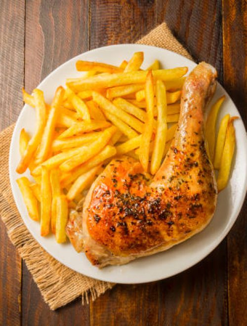 Roasted chicken thigh with French fries